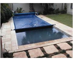 Solar blankets, roll up stations, pool safety nets, leaf catchers and solid pool covers
